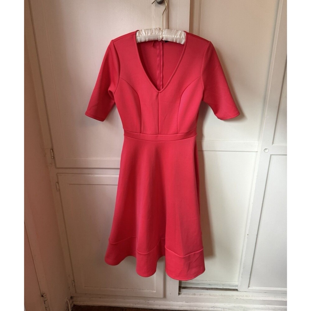 Hippie Chic Red Fit Flare Midi Dress Deep V Neck Elbow Sleeve - Medium
